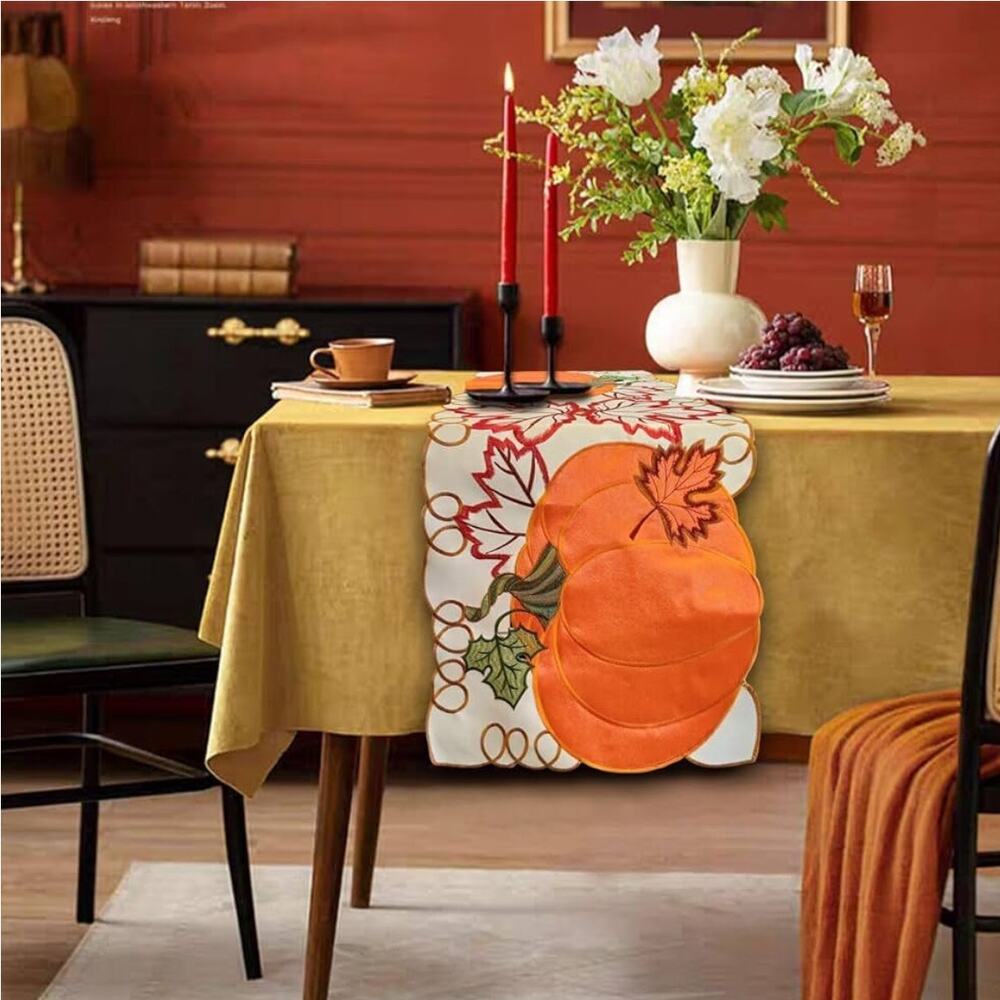 new: fall, autumn, thanksgiving embroidered table runner,‎ harvest, pumpkins